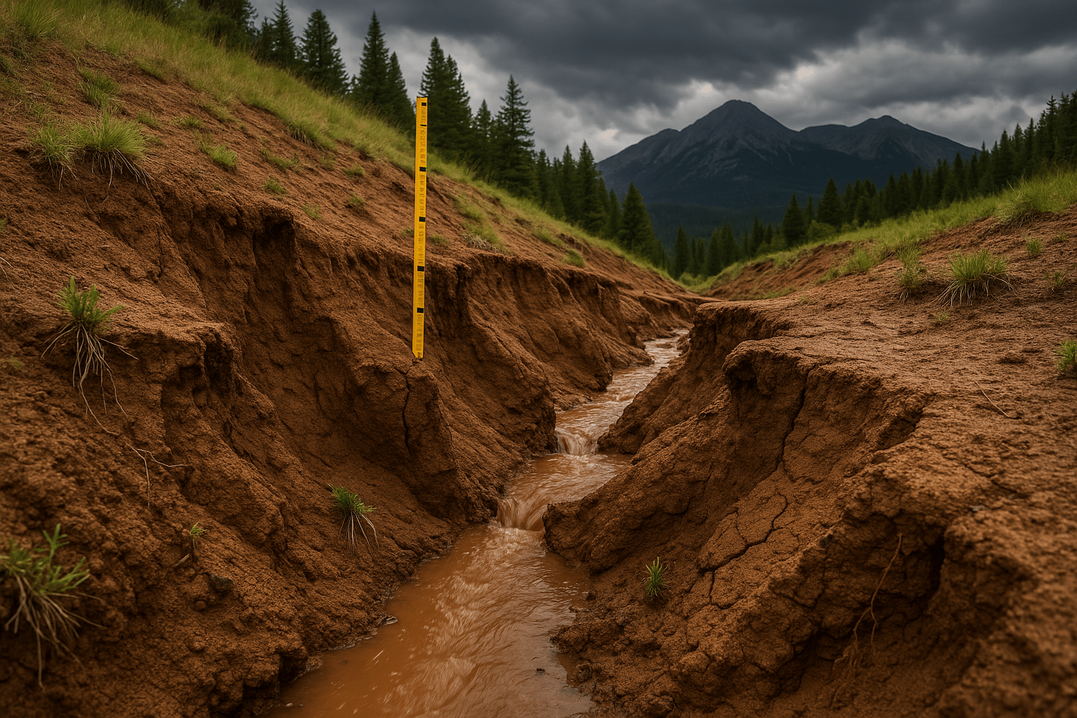 Severe soil erosion creating a deep gully
