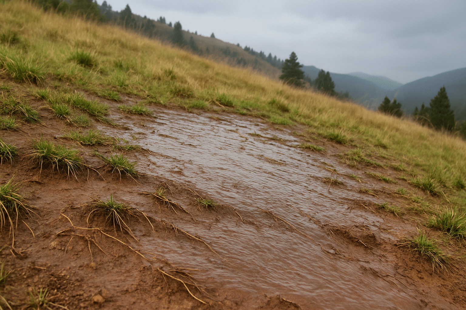 Sheet erosion on a grassy hillside