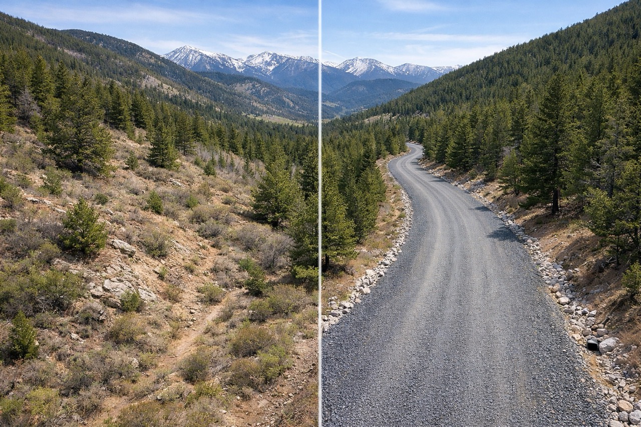 Before and after of a gravel road built in the mountains.
