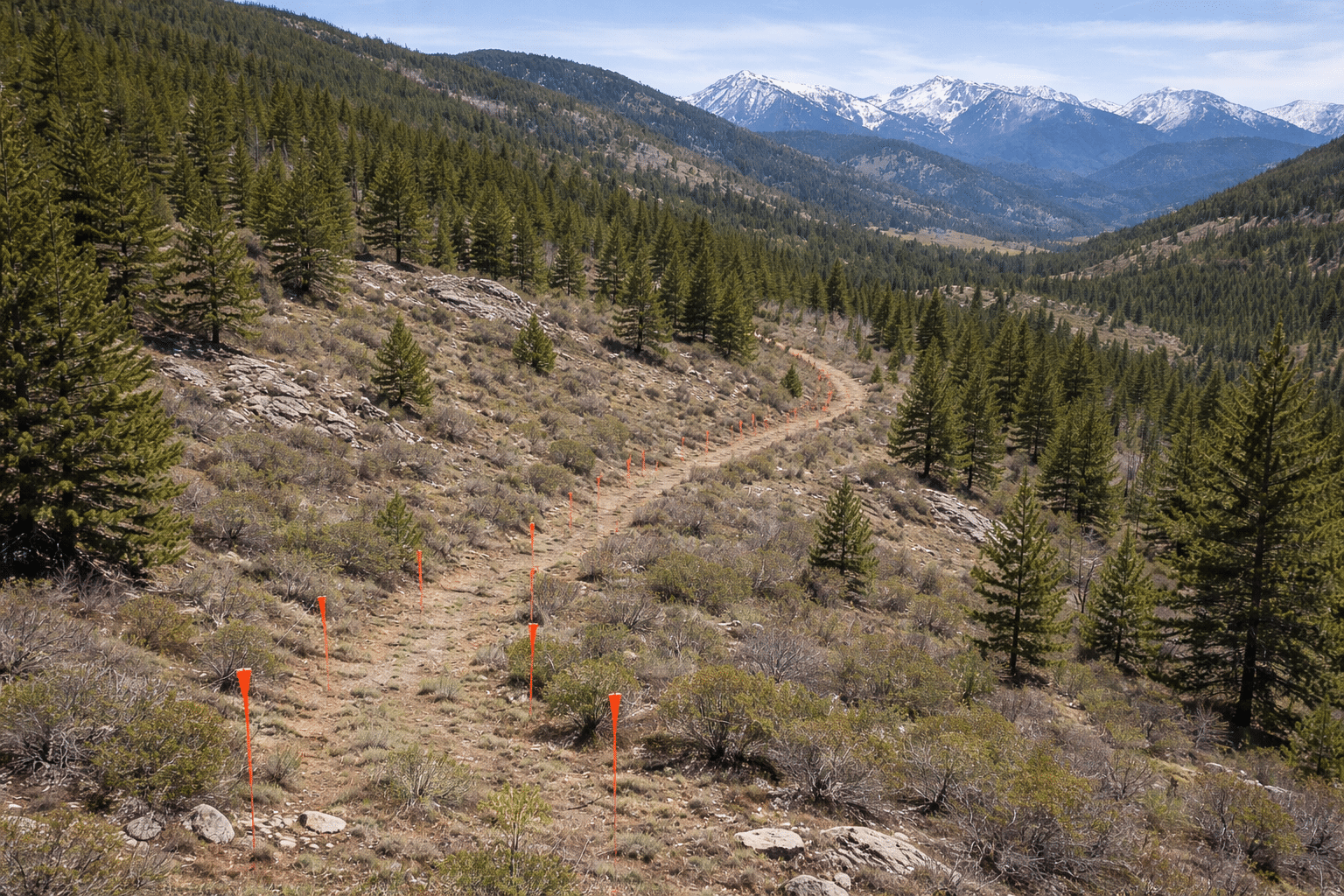 Survey markers on a mountain slope with pine trees.