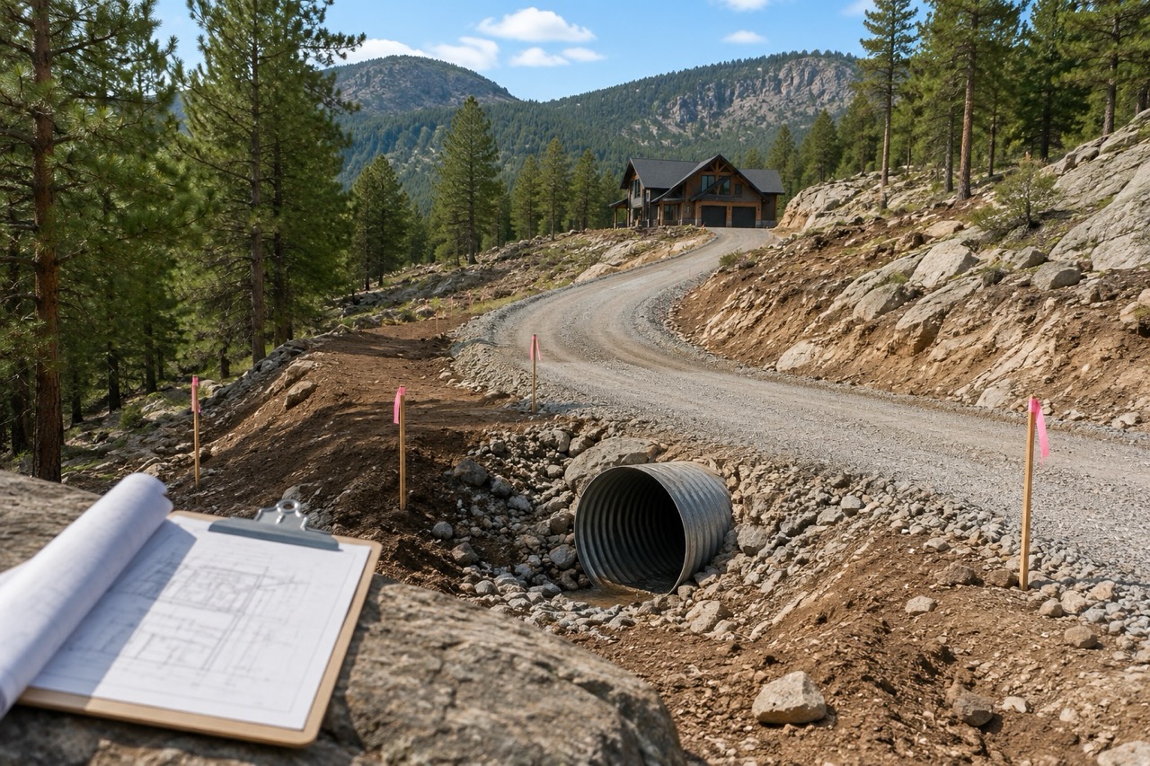 Blueprints on a rock near a new driveway culvert.