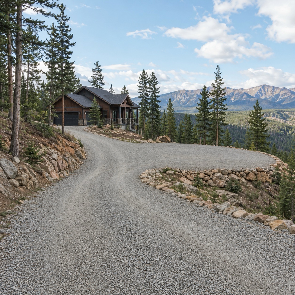 Gravel driveway leading to a mountain home.