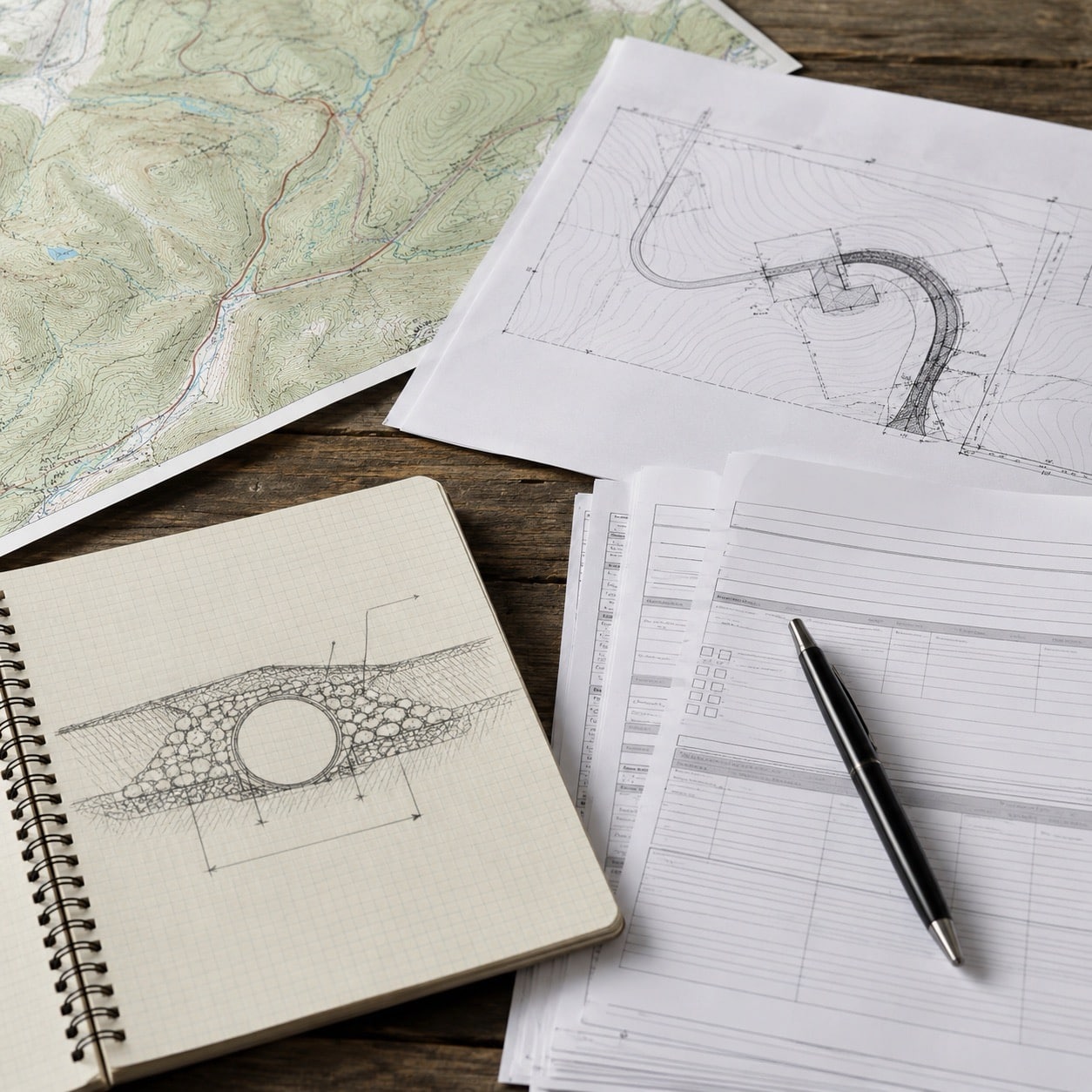 Culvert cross-section sketch alongside engineering site plans.