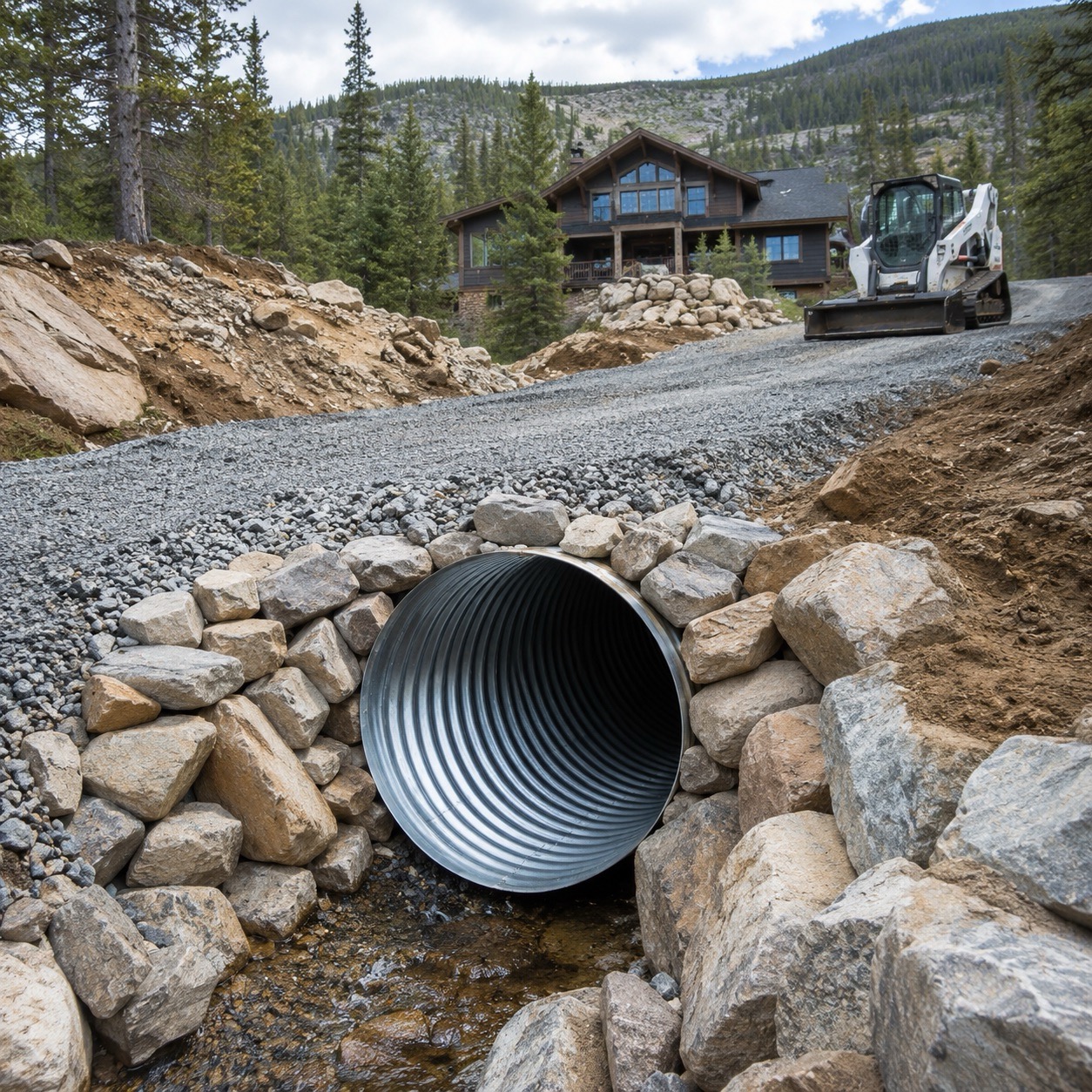 Driveway culvert pipe with rock headwall installation.