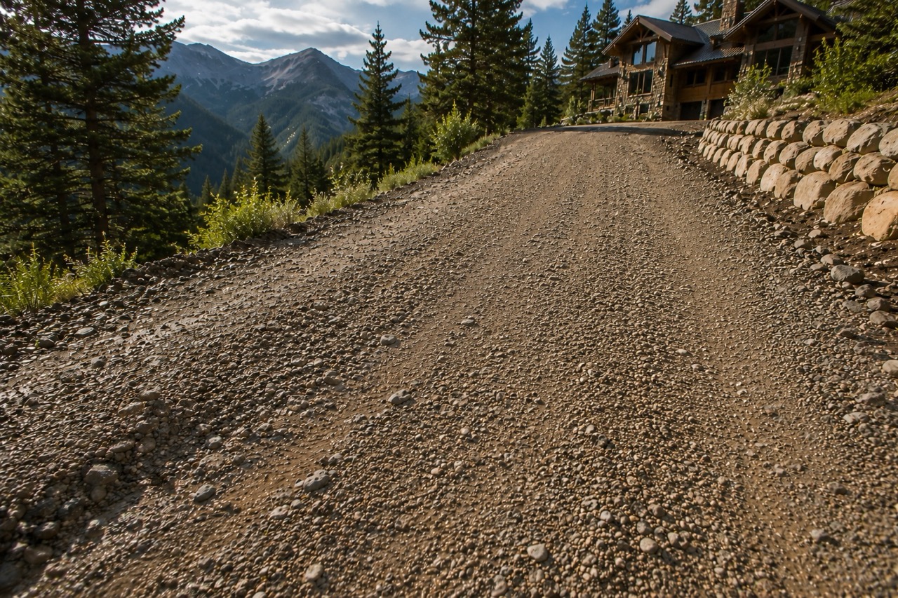 Gravel driveway sweeping toward a rustic mountain lodge.