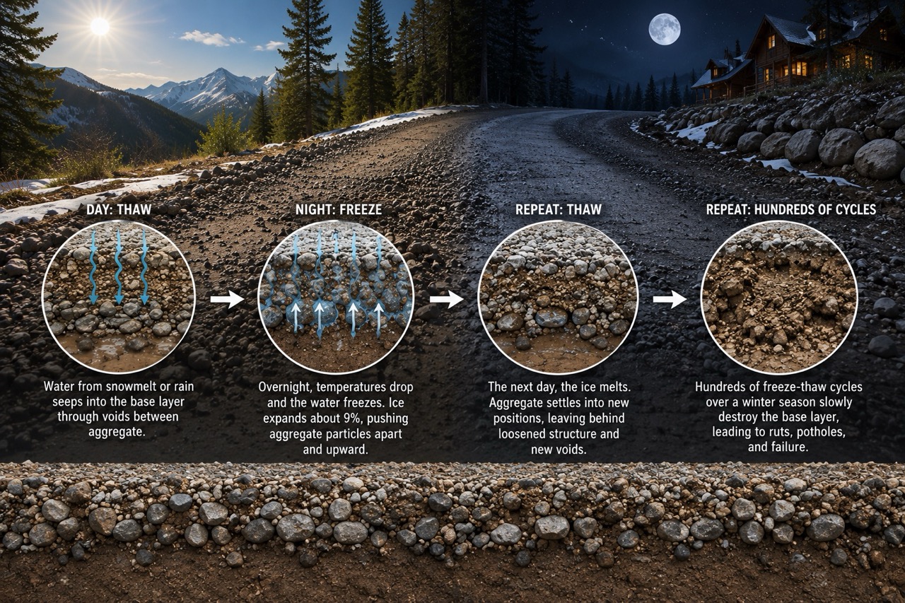 Freeze-thaw cycle causing gravel road potholes diagram.