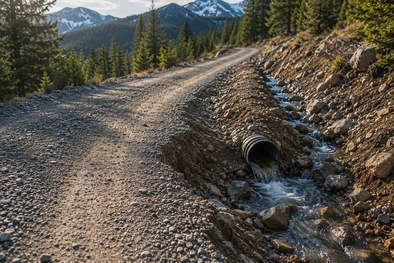 Water discharging from a mountain culvert into a ditch.