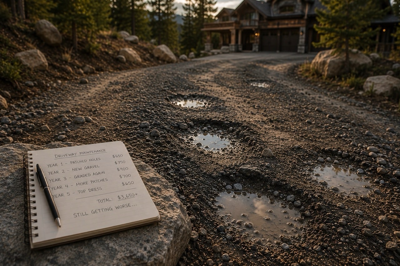Notebook showing maintenance costs next to a pothole.