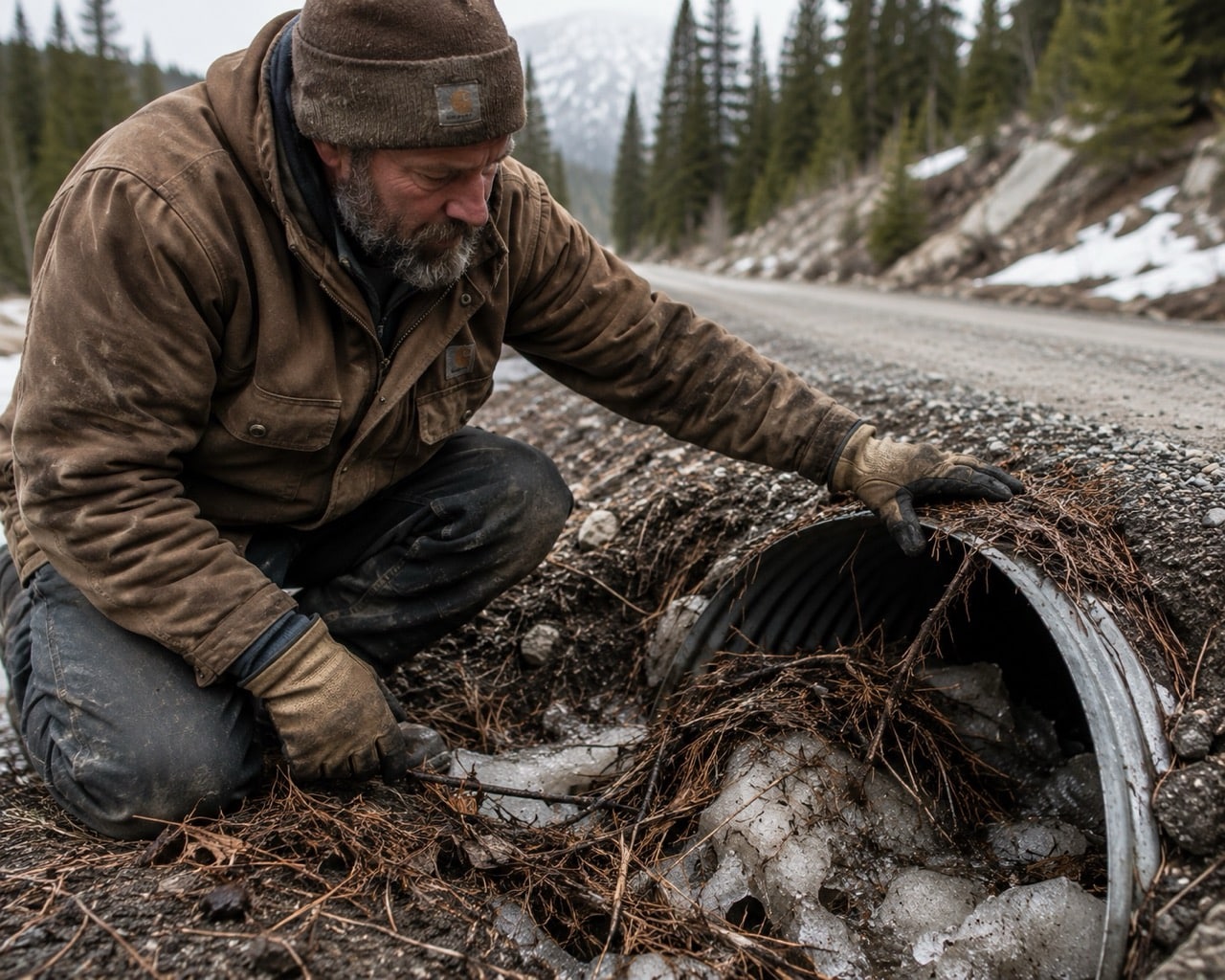 Worker inspecting a blocked mountain roadside culvert.