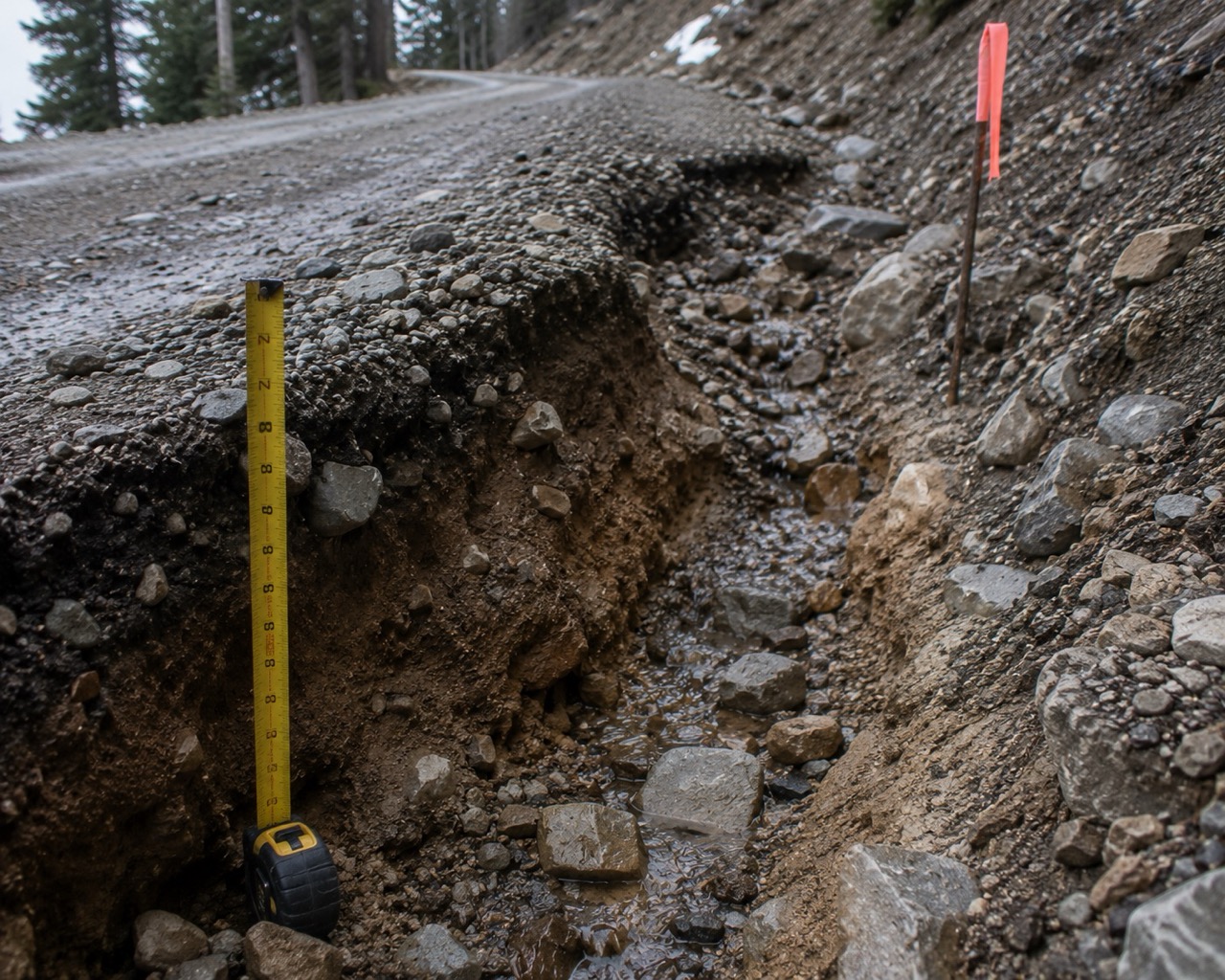 Tape measuring a deep erosion washout on a gravel road.