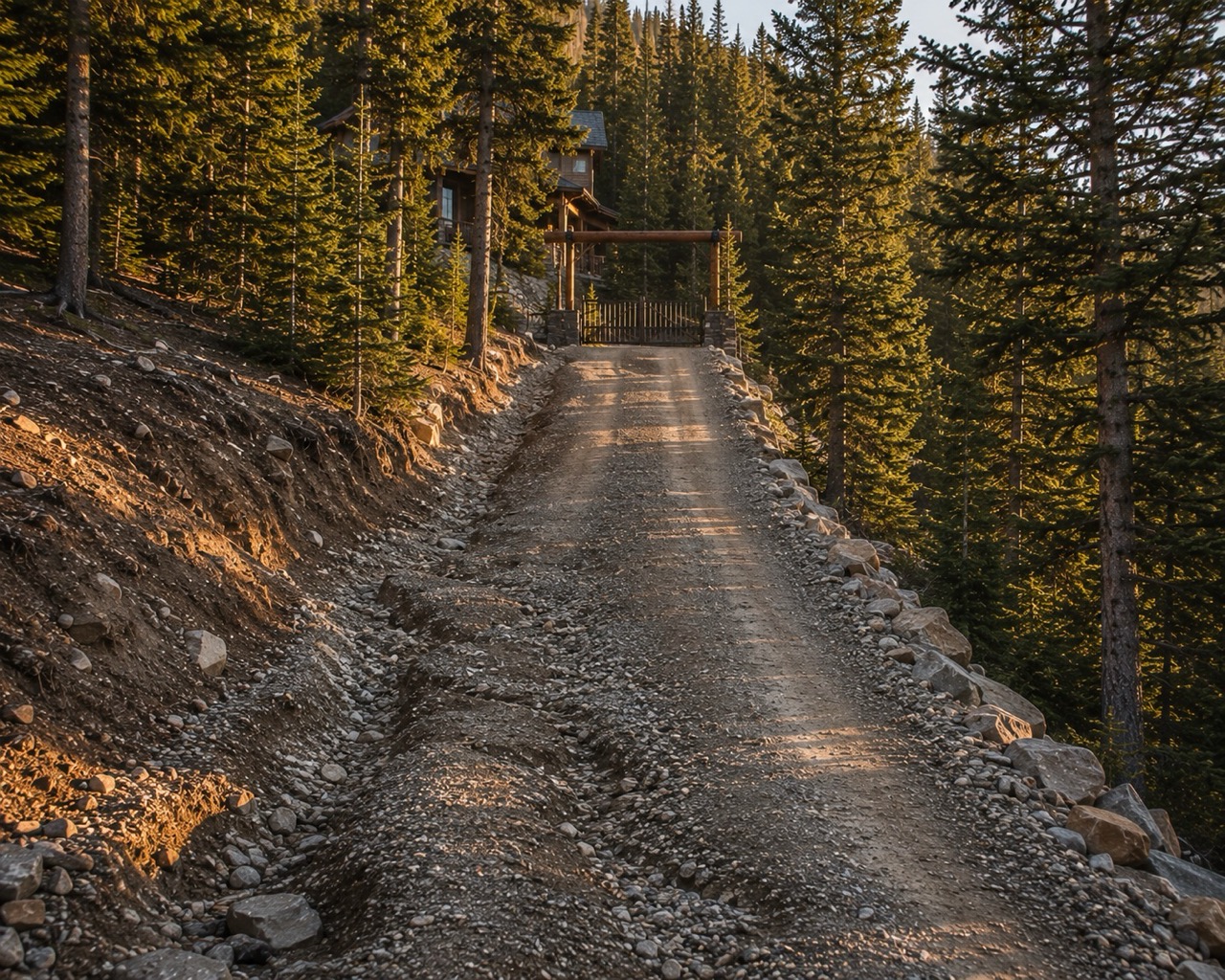 Steep gravel driveway leading to a gated pine forest home.