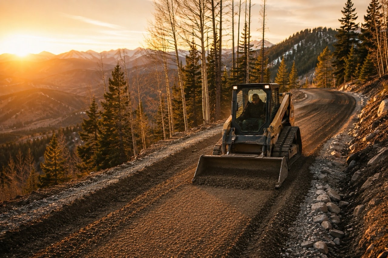 Compact track loader grading a mountain road at sunset.