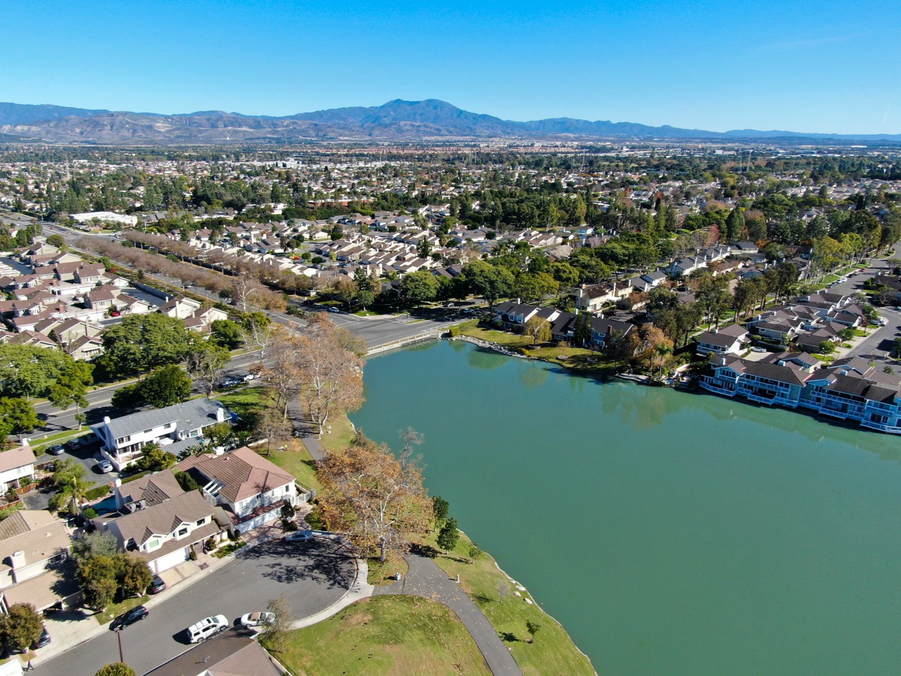 Aerial view of a lakeside suburban neighborhood.